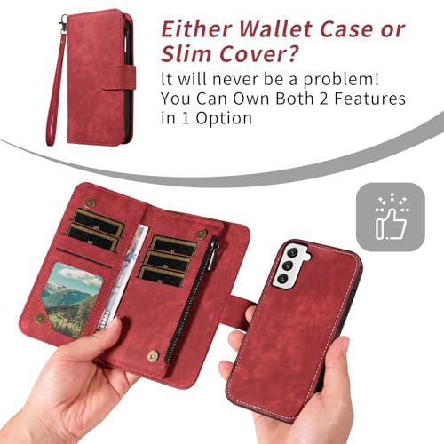 Asuwish Phone Case for Samsung Galaxy S22 5G Zipper Wallet Detachable Magnetic Cover with Tempered Glass Screen Protector Crossbody Lanyard Strap Card Holder S 22 22S 4G G5 6.1 inch Women Girls Red - color: Red