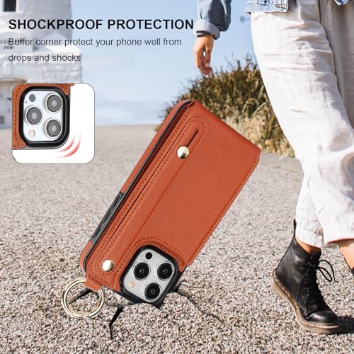 Folosu for iPhone 15 Pro Max Wallet Case with Card Holder, Hand Wrist Strap Loop Holder Kickstand, RFID Blocking Finger Grip Ring PU Leather Double Buttons Shockproof Cover 6.7" Brown - color: Brown
