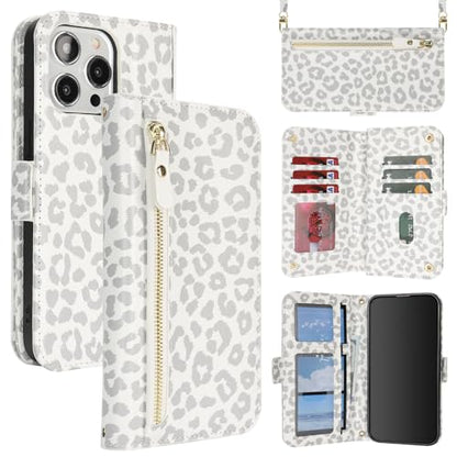 for iPhone 15 Pro Wallet Case for Women,for iPhone 15 Pro Case with Strap Crossbody Lanyard,PU Leather Shockproof Card Holder Stand Zipper Pocket Flip Phone Case-White Leopard - color: White Leopard