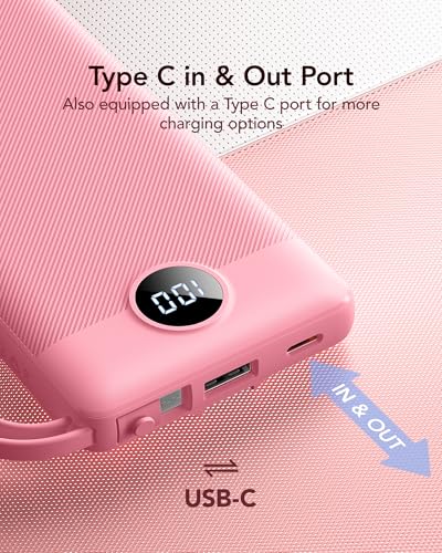 VRURC Portable Phone Charger, Built-in 4 Cables USB C Power Bank 10000mAh - color: Barbie Pink