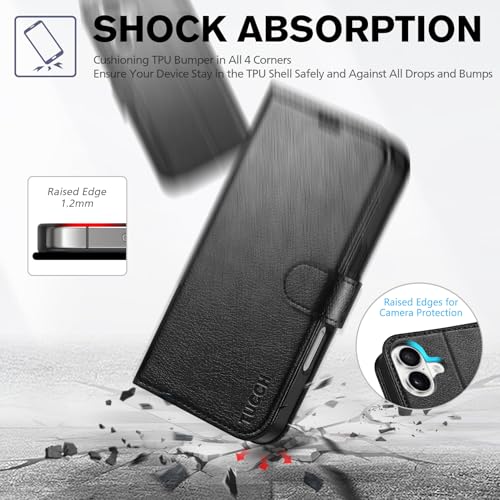 TUCCH Case Wallet for iPhone 16 (6.1"), RFID Blocking Folio, Textured Black | 4 Card Holders, Kickstand, PU Leather, Magnetic Closure, Shockproof TPU Shell, Protective Flip Cover - color: Textured Black
