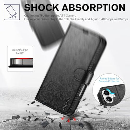 TUCCH Case Wallet for iPhone 16 (6.1"), RFID Blocking Folio, Textured Black | 4 Card Holders, Kickstand, PU Leather, Magnetic Closure, Shockproof TPU Shell, Protective Flip Cover - color: Textured Black