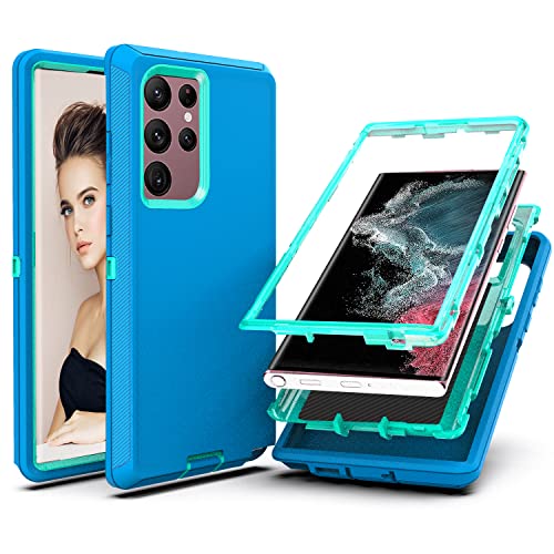 YmhxcY for S22 Ultra Case, Drop Proof 3-Layer Durable Cover/Shockproof Armor Drop Protection/Solid Rubber Protective Matte Cover for Galaxy S22 Ultra 6.8”-Blue Green/Light Green - color: Blue green and Light green