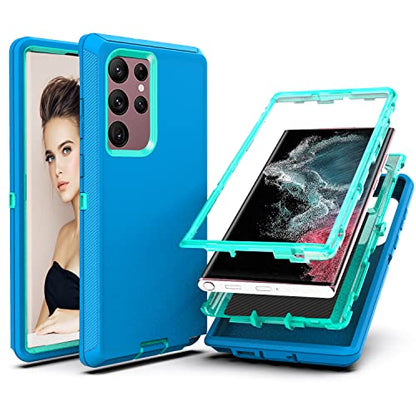 YmhxcY for S22 Ultra Case, Drop Proof 3-Layer Durable Cover/Shockproof Armor Drop Protection/Solid Rubber Protective Matte Cover for Galaxy S22 Ultra 6.8”-Blue Green/Light Green - color: Blue green and Light green