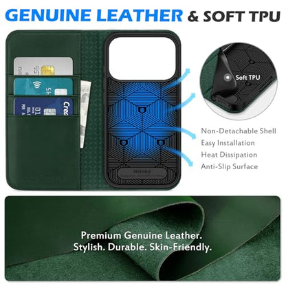 SHIELDON Genuine Leather Wallet Case for iPhone 17 Pro 6.3" 2025, Evergreen | RFID Blocking, Credit Card Holder, Magnetic Closure, Kickstand, Folio Design, Full Protection, Shockproof Phone Cover - color: Evergreen