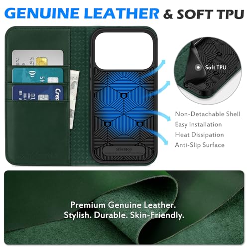 SHIELDON Genuine Leather Wallet Case for iPhone 17 Pro 6.3" 2025, Evergreen | RFID Blocking, Credit Card Holder, Magnetic Closure, Kickstand, Folio Design, Full Protection, Shockproof Phone Cover - color: Evergreen