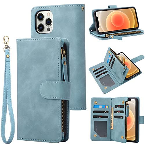 RANYOK Wallet Case Compatible with iPhone 13 Pro Max (6.7 inch), Premium PU Leather Zipper Folio Wallet RFID Blocking with Wrist Strap Built-in Kickstand Protective Case (Baby Blue) - color: Baby Blue