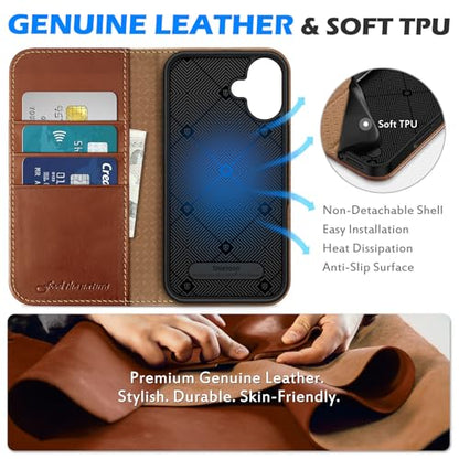 SHIELDON Genuine Leather Case Wallet for iPhone 16 Plus 6.7", Retro Brown | Genuine Leather, Folio Magnetic Closure, RFID Blocking, Credit Card Holder, Kickstand, Soft Shock Absorbing Protective Cover - color: Retro Brown