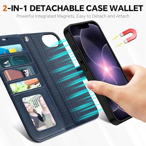TUCCH Detachable 2-in-1 Case Wallet for iPhone 17e 16e (6.1"), Dark Blue | 4 Card Slots, RFID Blocking, Wireless Charging, Viewing Stand, Wrist Strap, PU Leather, Shockproof TPU, Magnetic, Flip Cover - color: Dark Blue