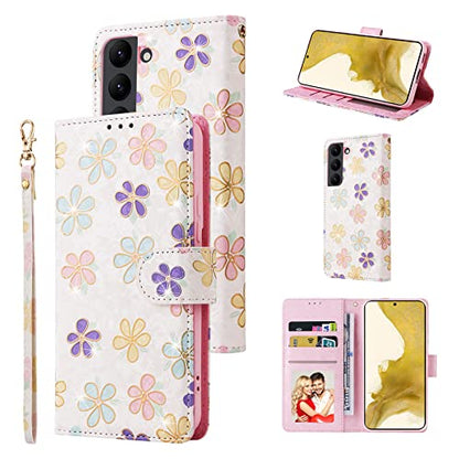 UEEBAI Wallet Case for Samsung Galaxy S23 Plus 5G, PU Leather Phone Case Kickstand RFID Blocking Flip Case Card Slots Wrist Strap Relief Engraved Pattern Magnetic Closure Folio Case - White Daisy - color: White Daisy, size: Samsung Galaxy S23 Plus 5G