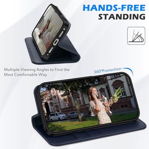 SHIELDON Genuine Leather Case Wallet for iPhone 17 6.3" 2025, Navy Blue | Flip Magnetic Cover, RFID Blocking, Credit Card Slot, Kickstand, Book Design, Soft Shockproof Phone Shell - color: Navy Blue
