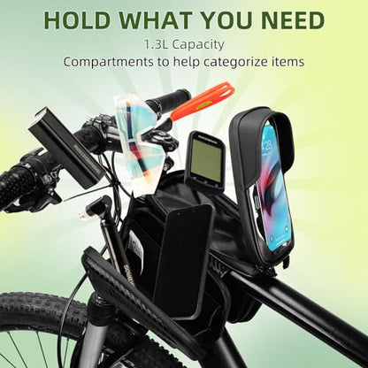 ROCKBROS Top Tube Bike Bag 1.3L Waterproof Bike Frame Bag | Bike Phone Bag with Sun-Visor, TPU Sensitive Touch Screen Bicycle Phone Bag
