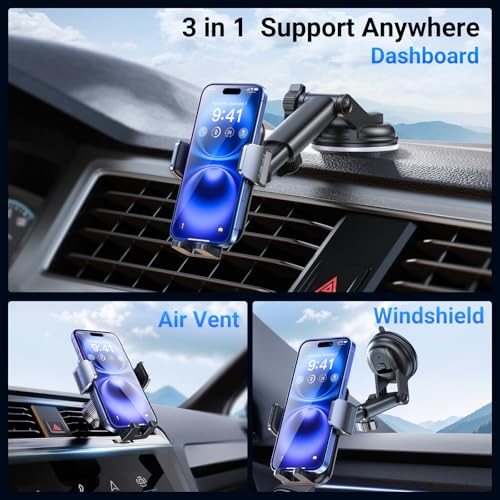 3-in-1 Car Phone Holder [122+LBS Strongest Suction & Stable Clamp Arm] 360° Adjustable Car Phone Mount, Cell Phone Holders for Your Car for Dashboard Vent, All Smartphones & Car Models - color: Black