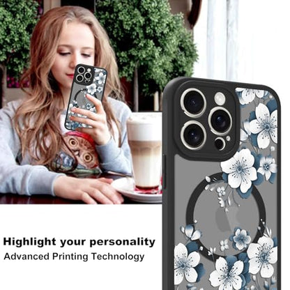 Magnetic for iPhone 15 Pro Max Case,White Flower | [Compatible with MagSafe] Cute Fashion Translucent Matte Hard Back Shockproof Anti-Scratch Phone Case,Ink Flower - color: Ink Flower, size: iPhone 15 Pro Max