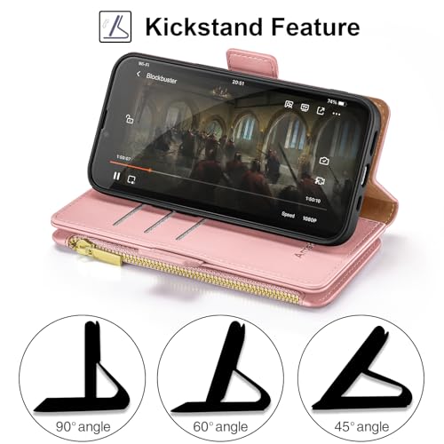 Antsturdy for iPhone 17 Phone Wallet Case Women,Pink | RFID Blocking,with Credit Card Holder Slots,PU Leather Purse,Zipper Pocket,Wrist Strap Kickstand,Flip Folio Cover for Men - color: Pink