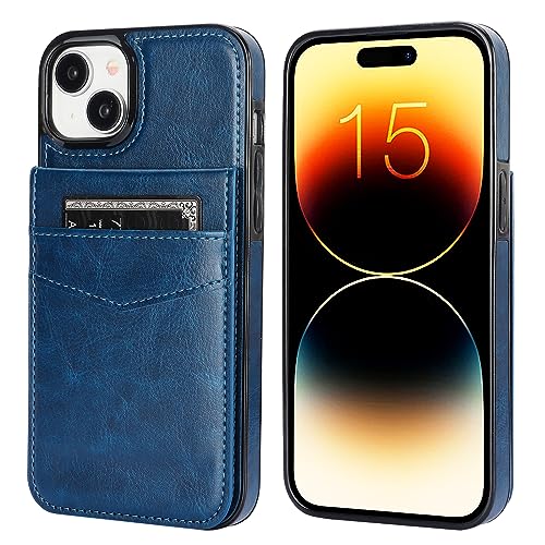 KIHUWEY for iPhone 15 Plus Wallet Case Card Holder Kickstand, Blue | Credit Card Slots, PU Leather, Magnetic Clasp, Flip Heavy Duty Protection Cover for Men and Women - color: Blue