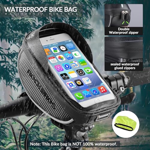 ROCKBROS Bike Phone Mount Bag, Waterproof Handlebar Bag for Cycling | Water-resistant Phone Bag Fits Phones Up to 6.5", with Touch Screen Access, Storage Space and Reflective Strips for Cycling - color: black