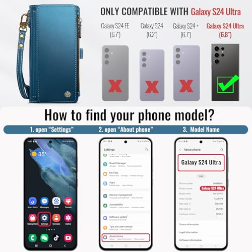 Defencase for Samsung Galaxy S24 Ultra Wallet Case with Card Holder, Blue | Durable PU Leather, with RFID Blocking Zipper Pocket, Wrist Strap, S24 Ultra Flip Phone Cases Cover with Stand for Women Men - color: Ocean Blue