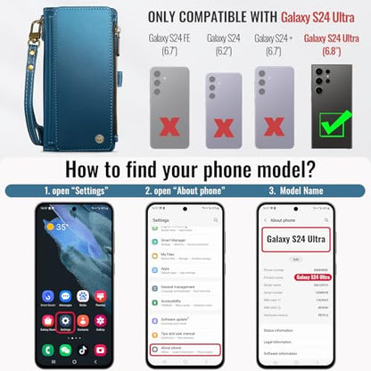 Defencase for Samsung Galaxy S24 Ultra Wallet Case with Card Holder, Blue | Durable PU Leather, with RFID Blocking Zipper Pocket, Wrist Strap, S24 Ultra Flip Phone Cases Cover with Stand for Women Men - color: Ocean Blue