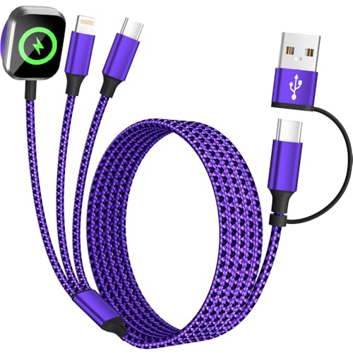 Travel Essentials 3-in-2 Multi Charging Cable for Apple Watch Charger, 5FT - color: Dark Purple&Black, size: AC to C+L+iWatch