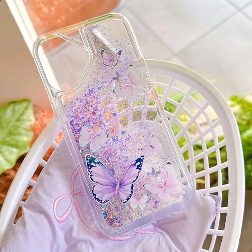 Compatible with iPhone 17 Pro Glitter Butterfly Case Glow in The Dark Women Girls Girly Bling Sparkle Flowing Quicksand Light up Soft TPU Bumper Luminous Clear Phone Cover, Blue - color: Purple, size: iPhone 17