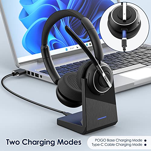 PrancyBt Upgraded Wireless Headset with Mic for Work, Bluetooth Headset with Noise Canceling Microphone with Dongle, Charging Base & Mic Mute, Wireless Headphones for Work from Home/PC/Computer