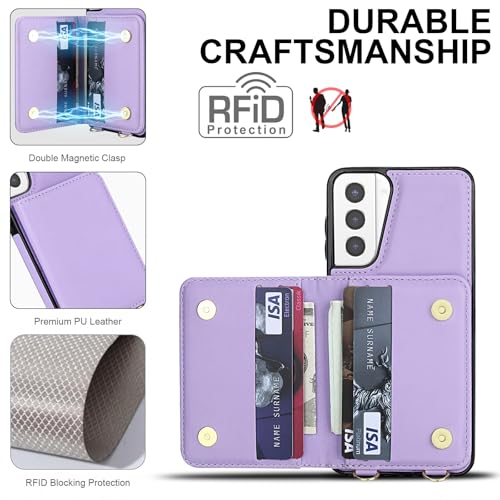 Phone Case for Samsung Galaxy S21 Plus S21+ 5G Wallet Cell Cover with Tempered Glass Screen Protector Wrist Crossbody Strap RFID Blocking Card Holder Slot S21+5G S21plus 21S + S 21 21+ G5 Women Purple - color: Purple