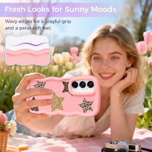 for Galaxy A15 Phone Case, Wavy Soft TPU, Pink-Leopard Star | Wavy Frame Design, Soft Slim TPU, Full Camera Lens Protection, Shockproof Phone Cover - color: Pink-Leopard Star, size: Samsung A15