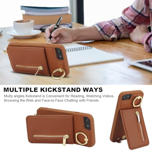 Crossbody Wallet Case for iPhone 7/8/SE 2020/SE 2022 with Lanyard Strap Card Slot Holder RFID Blocking Kickstand,Magnetic Flip Folio Zipper Purse Case, PU Leather Cover Handbag,Brown - color: Brown, size: iPhone 7/8/SE 2020/SE 2022(4.7")