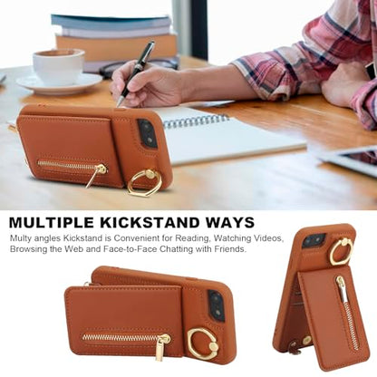 Crossbody Wallet Case for iPhone 7/8/SE 2020/SE 2022 with Lanyard Strap Card Slot Holder RFID Blocking Kickstand,Magnetic Flip Folio Zipper Purse Case, PU Leather Cover Handbag,Brown - color: Brown, size: iPhone 7/8/SE 2020/SE 2022(4.7")