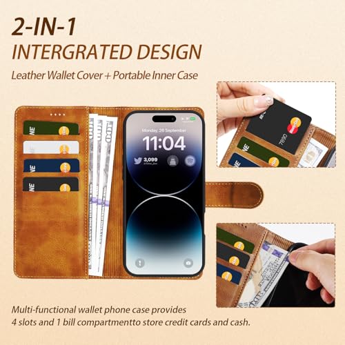 2 in 1 PU Leather for iPhone 16 Pro Max Case, Detachable Wallet Case with Card Holder, Removable Flip Folio Cover with RFID Blocking, Stand Shockproof Phone Cover（Compatible with MagSafe） Brown - color: Brown, size: Iphone 16 pro max