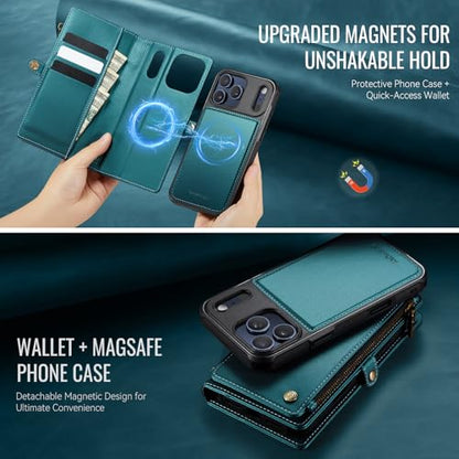 Defencase for iPhone 17 Pro Max Case Wallet Compatible with Magsafe, Green | Drop-Proof Magnetic Detachable Phone Cases Cover, with RFID Bolcking Card Holder, Zipper Strap, PU Leather, Removable Wallet - color: (Detachable with Magsafe)-Blue Green