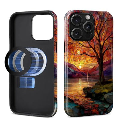 Magnetic Phone Case for iPhone 15 Pro Max,Compatible with MagSafe,Durable 2 Layers Full Covered Shockproof Protective Cover-Stained Glass Sunrise Fall Leaves - color: Stained Glass Sunrise Fall Leaves, size: iPhone 15 Pro Max