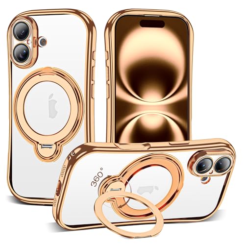 Clear Phone Case for iPhone 16 6.1", Gold | Compatible with iPhone 16 Case with 360° Rotatable Magnetic Ring Stand Full Camera Lens Protector Plating Mag-safe Case - color: Desert Gold, size: Iphone 16