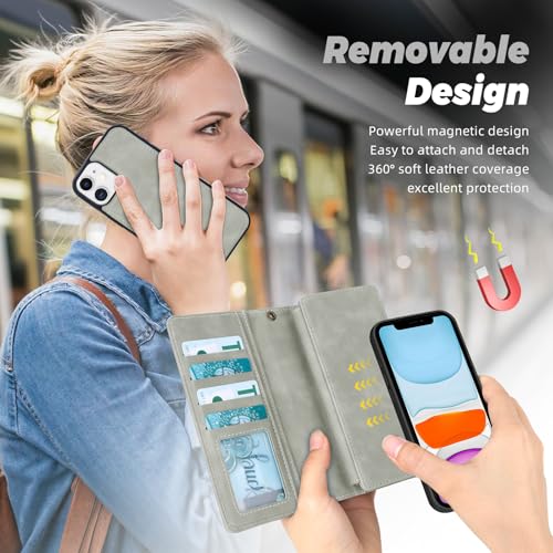 TwoHead for iPhone 11 Wallet case with 11 Card Holder (Gray) | Detachable Magnetic Phone Case, PU Leather Wallet for Women/Men,Wireless Charging Compatible,with Wrist Strap - color: Gray