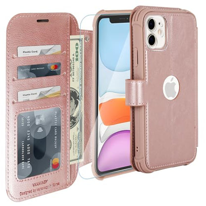 VANAVAGY Wallet Case for iPhone 11 6.1 inch, Rose Gold | 12ft Drop-proof Cover for Women Men, Silm PU Leather, RFID Blocking Card Holder, Wrist Strap, Screen Protector - color: Rose Gold