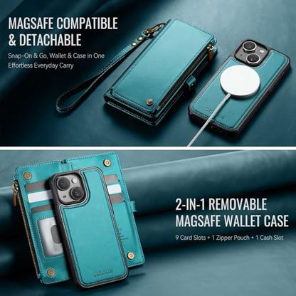 Defencase for iPhone 14 Plus Case Wallet Compatible with Magsafe, Blue Green - color: (Detachable with Magsafe)-Blue Green