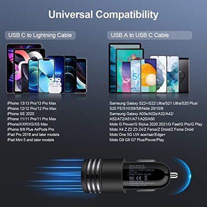 30W USB Type C+USB Car Charger Adapter Plug Fast Charging Compatible for Moto Edge 5G UW/One 5G UW ace/G Power/G Stylus/G Play, Samsung Galaxy A16/A15/A14/A13/A12/A11/A23/A24/A33/A34/A54/A53/S24/S23