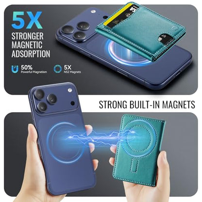 Strapurs Strong Magnetic Wallet Card Holder for MagSafe Phones and Cases, Slim PU Leather Detachable Phone Wallet with 6 Card Slots RFID Blocking for iPhone 17/16/15/14/13/12/Pro/Max/Plus – Bluegreen - color: Blue Green