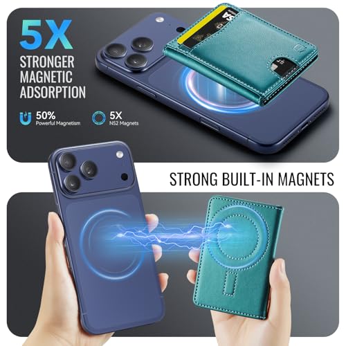 Strapurs Strong Magnetic Wallet Card Holder for MagSafe Phones and Cases, Slim PU Leather Detachable Phone Wallet with 6 Card Slots RFID Blocking for iPhone 17/16/15/14/13/12/Pro/Max/Plus – Bluegreen - color: Blue Green