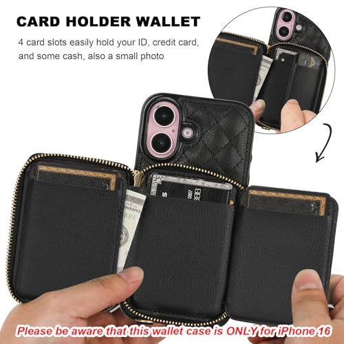 Bocasal Crossbody Wallet Case Card Holder for iPhone 16, Black | RFID Blocking PU Leather Zipper Handbag Purse, Kickstand Flip Folio Case with Card Slots Holder Wrist Strap Lanyard 6.1 Inch - color: Black