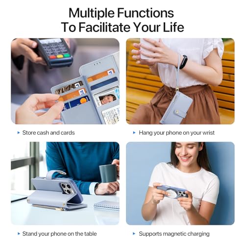 for iPhone 16 Pro Case Wallet, Detachable Magnetic Wallet Case | Compatible with Magsafe, RFID Blocking, Zipper Card Holder, PU Leather Flip Folio Case, Strap Wallet Case, Phone Kickstand - color: Blue, size: iPhone 16 Pro