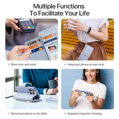 for iPhone 16 Pro Case Wallet, Detachable Magnetic Wallet Case | Compatible with Magsafe, RFID Blocking, Zipper Card Holder, PU Leather Flip Folio Case, Strap Wallet Case, Phone Kickstand - color: Blue, size: iPhone 16 Pro
