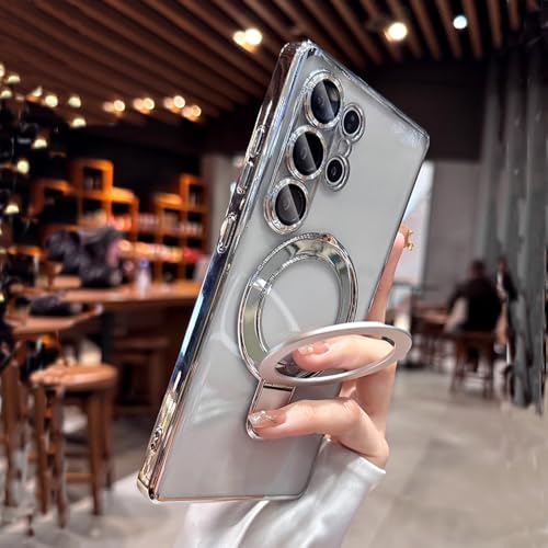 Clear for Samsung Galaxy S25 Ultra Case Magnetic Invisible Stand Built-in Camera Lens Protector Compatible with MagSafe Case Cover for Galaxy S25 Ultra,Silver - color: Silver, size: for Samsung S25 Ultra