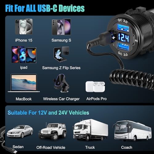 12V USB C Outlet 78W 4 Ports Aluminum Car Charger Socket, Dual PD 30W and Dual QC 18W Car USB Port 12V Charger with Voltmeter and C to C Cable, Suitable for Boat Marine Bus Truck Golf RV Motorcycle - size: 4USB
