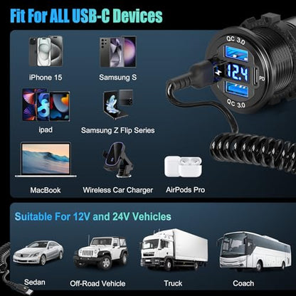12V USB C Outlet 78W 4 Ports Aluminum Car Charger Socket, Dual PD 30W and Dual QC 18W Car USB Port 12V Charger with Voltmeter and C to C Cable, Suitable for Boat Marine Bus Truck Golf RV Motorcycle - size: 4USB