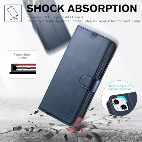 TUCCH Wallet Case for iPhone 14 (6.1") 2022, 4 Card Slots, Dark Blue | RFID Blocking, Viewing Stand, Shockproof TPU Shell, PU Leather, Magnetic Closure, Protective Folio Flip Cover - color: Dark Blue