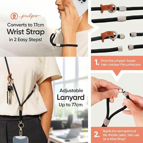 Pulpo 2 in 1 Anti Theft Phone Lanyard and Wrist Strap for iPhone and Android, Adjustable Cell Phone Leash and Universal Tether, Hands Free Strap for Travel Running and Everyday Use, Black - color: Black