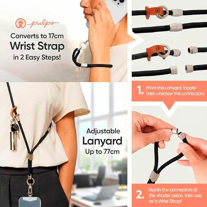 Pulpo 2 in 1 Anti Theft Phone Lanyard and Wrist Strap for iPhone and Android, Adjustable Cell Phone Leash and Universal Tether, Hands Free Strap for Travel Running and Everyday Use, Black - color: Black