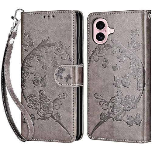 for iPhone 16 Wallet case, Gray Flower | 3 Card Holders, Kickstand, Shockproof TPU Shell, PU Leather, Magnetic Closure, Protective Flip Folio Cover, Women - color: 9